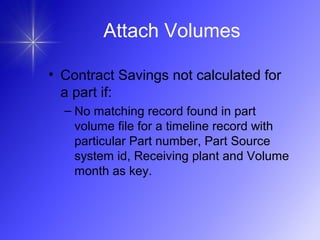 • Contract Savings not calculated for
a part if:
– No matching record found in part
volume file for a timeline record with
particular Part number, Part Source
system id, Receiving plant and Volume
month as key.
Attach Volumes
 