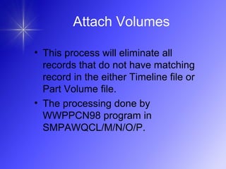 • This process will eliminate all
records that do not have matching
record in the either Timeline file or
Part Volume file.
• The processing done by
WWPPCN98 program in
SMPAWQCL/M/N/O/P.
Attach Volumes
 
