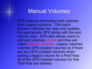 Manual Volumes
• GPS receives forecasted part volumes
from Legacy systems. This batch
process validates the data and updates
the appropriate GPS tables with the part
volume data. GPS also allows users to
add part volumes on line and they are
called Manual Volumes. Legacy volumes
override GPS-created volumes so if there
are any GPS-created volumes when
adding a legacy volume for a Part/Year,
all of the GPS-created volumes for that
Part/Year are deleted.
 