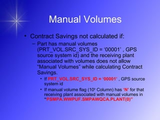 Manual Volumes
• Contract Savings not calculated if:
– Part has manual volumes
(PRT_VOL.SRC_SYS_ID = ‘00001’ , GPS
source system id) and the receiving plant
associated with volumes does not allow
“Manual Volumes” while calculating Contract
Savings.
• If PRT_VOL.SRC_SYS_ID = ‘00001’ , GPS source
system id
• If manual volume flag (10th
Column) has ‘N’ for that
receiving plant associated with manual volumes in
“PSMPA.WWPUF.SMPAWQCA.PLANT(0)”
 