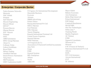 Enterprise / Corporate Sector
 Nokia Siemens Networks      US Agency for International Development          Macro Habib
 Motorola                    Hascombe Business                                Bahum Associates
 NSC Global                  Excicom                                          Aziz Enterprises
 Siemens                     Artisans                                         Defne Bilgi Islem Ltd
 Saif Telecom                SB&B Advertising                                 Polani International
 Descon Engineering          Polaris Values                                   ESP Global
 Descon Mirani               Raaziq International Pvt Ltd                     Caudwell Distribution
 DIT24 *                     OOCL Pakistan                                    MAXCORP
 Presson Descon              Exel Pakistan                                    Ora-Tier Technologies
 Olayan Descon               DHL Pakistan                                     Ortho-clear *
 JGC- Descon                 Yaseen Shipping                                  Tracking World
 Etimaad                     Karachi International Terminal Ltd               Quality Engineers
 IAEL                        United Towers Exporters                          AC Nielsen
 ABB Automation              Intertek Pakistan                                CDM
 SPEC Group Pakistan         WWF Pakistan                                     Signarch Consultants
 About Us                    A.F.Fergusons & Co.                              Wilsons & Co.
 Callmate Telips             Association of Chartered Certified Accountants   Wincom
 Lahore Gymkhana             Asia Tech                                        CSC (Uraizee & Partners)
 Royal Palm                  Uraan                                            Outsource International Pvt Ltd
 Shirazi Trading             ESBI                                             Allcom
 AlanDick Pakistan           General Systems                                  EEPL
 Intech Process Automation   BPL Enterprises                                  EFU Life Insurance
 Tariq Glass                 Allianz                                          Aircom International
 MEP Solutions               Nestle                                           GVT
 OMV Exploration GmbH        AIRCOM                                           SC Johnson

                                        www.corvit.com
 