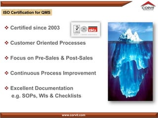 ISO Certification for QMS


 Certified since 2003

 Customer Oriented Processes

 Focus on Pre-Sales & Post-Sales

 Continuous Process Improvement

 Excellent Documentation
  e.g. SOPs, WIs & Checklists


                            www.corvit.com
 