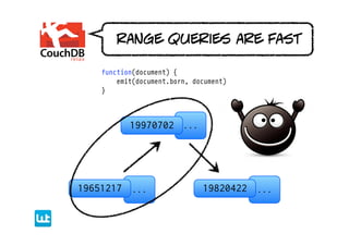 range queries are fast

    function(document) {
        emit(document.born, document)
    }




           19970702 ...




19651217 ...                  19820422 ...
 