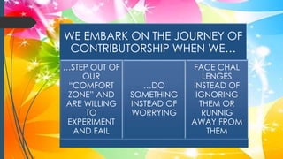 WE EMBARK ON THE JOURNEY OF
CONTRIBUTORSHIP WHEN WE…
…STEP OUT OF
OUR
“COMFORT
ZONE” AND
ARE WILLING
TO
EXPERIMENT
AND FAIL
…DO
SOMETHING
INSTEAD OF
WORRYING
FACE CHAL
LENGES
INSTEAD OF
IGNORING
THEM OR
RUNNIG
AWAY FROM
THEM
 