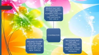 CONTRIBUTORS
BELIEVE THAT THEY ,
AS HUMAN BEINGS ,
ARE MORE
POWERFUL AND CAN
SHAPE THE
CIRCUMSTANCES
THEY ARE IN
RECOGNIZE THAT
THEY ARE
RESPONSIBLE FOR
THEIR OWN
PROBLEMS , AND SO
THEY SOLVE THESE
PROBLEMS
WILLING TO STEP
OUT OF THEIR
COMFORT ZONE
AND TRY OUT
NEW THINGS
 