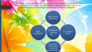When employers offer jobs , they look for 4 key aspect in an applicant. Thus ,
as a contributor , when you are thinking of applying for a job , look out for
what the employer is looking for under each of these 4 categories.
Employer
looking
for…..
Appropriate
personality
Can deliver
results
Can “fit in”
to the day
to day job
environment
Right
capabilities
 