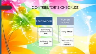 CONTRIBUTOR’S CHECKLIST:
Effectiveness
Performing
work activities
well
Achieving the
goal
Human
values
Being ethical
Demonstrating
human
concern
 