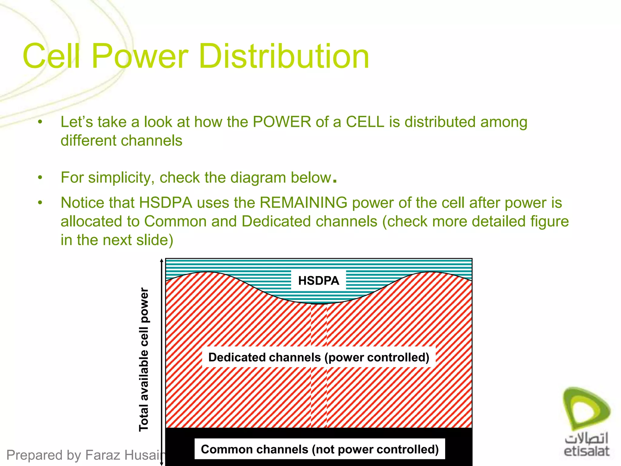 Let’s take a look at how the POWER of a CELL is distributed among different channelsFor simplicity, check the diagram below.Notice that HSDPA uses the REMAINING power of the cell after power is allocated to Common and Dedicated channels (check more detailed figure in the next slide)HSDPACell Power DistributionDedicated channels (power controlled)Total available cell powerCommon channels (not power controlled)