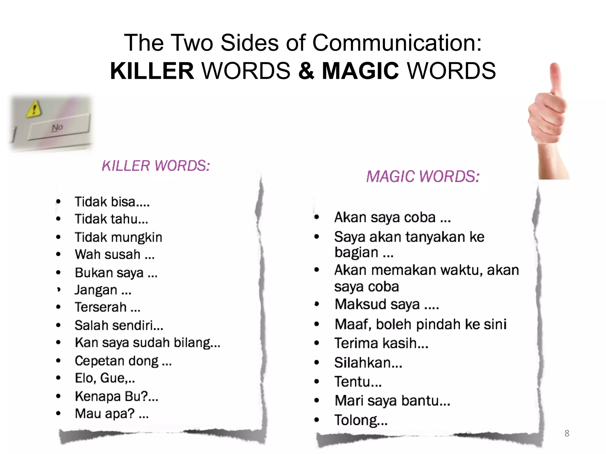 The Two Sides of Communication:
KILLER WORDS & MAGIC WORDS
8
 