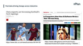 Past data driving change across industries
1
5
https://www.bbc.co.uk/news/business-56164159 https://www.rollingstone.com/music/music-
features/nirvana-kurt-cobain-ai-song-1146444/
 