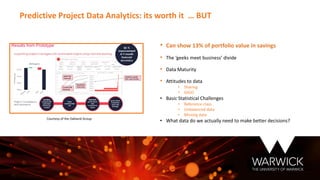 • Can show 13% of portfolio value in savings
• The ‘geeks meet business’ divide
• Data Maturity
• Attitudes to data
• Sharing
• GIGO
• Basic Statistical Challenges
• Reference class
• Unbalanced data
• Missing data
• What data do we actually need to make better decisions?
Predictive Project Data Analytics: its worth it … BUT
Courtesy of the Oakland Group
 