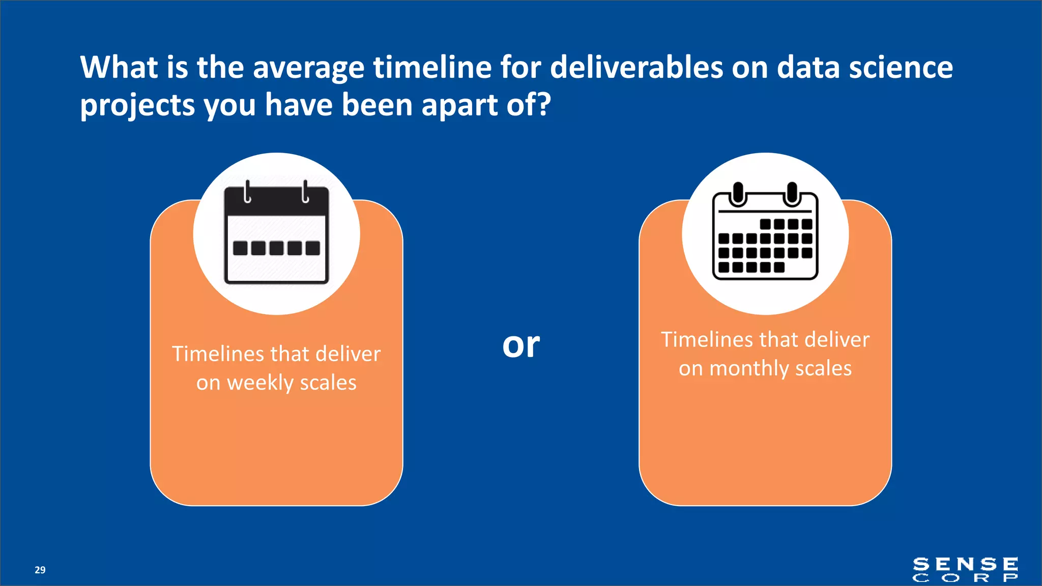 29
What is the average timeline for deliverables on data science
projects you have been apart of?
orTimelines that deliver
on weekly scales
Timelines that deliver
on monthly scales
 
