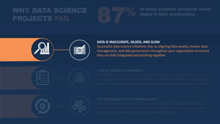 DATA IS INACCURATE, SILOED, AND SLOW
Successful data science initiatives rely on aligning data quality, master data
management, and data governance throughout your organization to ensure
they are fully integrated and working together.
LACK OF BUSINESS READINESS
Establish a clear and honest understanding of requirements and capabilities
needed to take on data science initiatives. While investing in technology and
people, also conduct thorough due diligence to define achievable use cases.
OPERATIONALIZATION IS UNREACHABLE
Set yourself up for success by investing in business modernization. Make
sure your technology stack is up to date, data pipelines and processes are
scalable, and data scientists & engineers collaborate.
WHY DATA SCIENCE
PROJECTS FAIL 87% of data science projects never
make it into production.
 