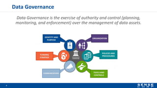 Data Governance
Data Governance is the exercise of authority and control (planning,
monitoring, and enforcement) over the management of data assets.
9
 