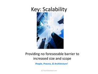 Key: Scalability




Providing no foreseeable barrier to
     increased size and scope
      People, Process, & Architecture!

           (C) TeachDataVault.com
 