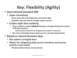 Key: Flexibility (Agility)
• Goes beyond standard 3NF
 • Hyper normalized
    • Hubs and Links only holds keys and meta data
    • Satellites split by rate of change and/or source
 • Enables Agile data modeling
    • Easy to add to model without having to change existing structures
      and load routines
        • Relationships (links) can be dropped and created on-demand.
    • No more reloading history because of a missed requirement
• Based on natural business keys
 • Not system surrogate keys
 • Allows for integrating data across functions and source
   systems more easily
    • All data relationships are key driven.


                                (C) TeachDataVault.com
 