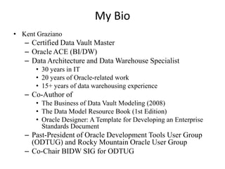 My Bio
• Kent Graziano
   – Certified Data Vault Master
   – Oracle ACE (BI/DW)
   – Data Architecture and Data Warehouse Specialist
      • 30 years in IT
      • 20 years of Oracle-related work
      • 15+ years of data warehousing experience
   – Co-Author of
      • The Business of Data Vault Modeling (2008)
      • The Data Model Resource Book (1st Edition)
      • Oracle Designer: A Template for Developing an Enterprise
        Standards Document
   – Past-President of Oracle Development Tools User Group
     (ODTUG) and Rocky Mountain Oracle User Group
   – Co-Chair BIDW SIG for ODTUG
 