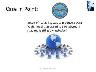 Case In Point:

         Result of scalability was to produce a Data
         Vault model that scaled to 3 Petabytes in
         size, and is still growing today!




                   (C) TeachDataVault.com
 