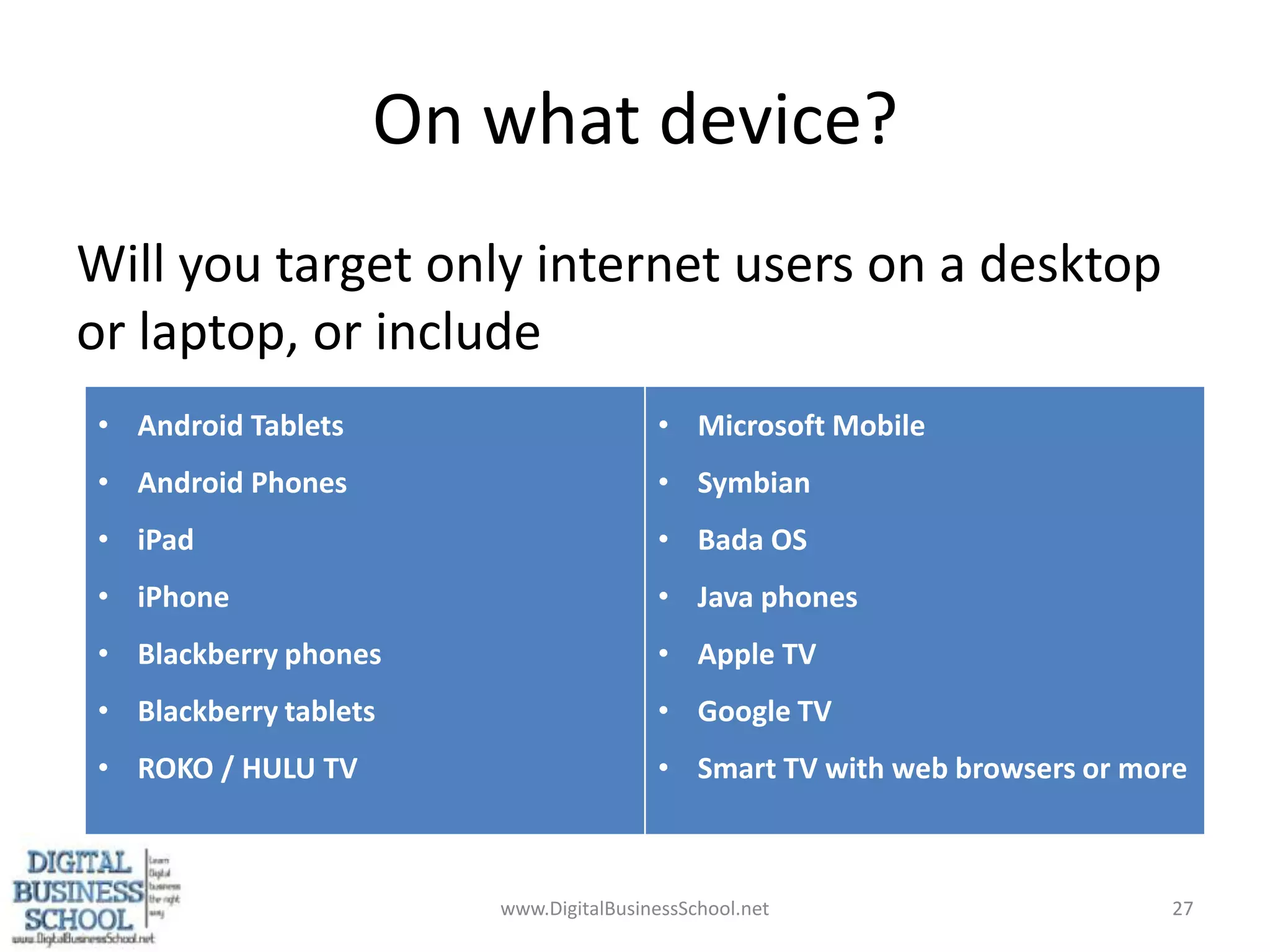 On what device?Will you target only internet users on a desktop or laptop, or includewww.DigitalBusinessSchool.net27
