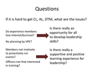 Questions
If it is hard to get CL, AL, DTM, what are the issues?
Do experience members
lose interest/burnout?
No planning ...