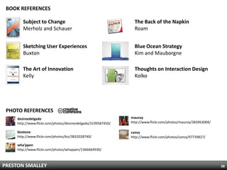 BOOK REFERENCES

        Subject to Change                                        The Back of the Napkin
        Merholz and Schauer                                      Roam


        Sketching User Experiences                               Blue Ocean Strategy
        Buxton                                                   Kim and Mauborgne

        The Art of Innovation                                    Thoughts on Interaction Design
        Kelly                                                    Kolko




 PHOTO REFERENCES
     desireedelgado                                            maunzy
     http://www.flickr.com/photos/desireedelgado/3199587450/   http://www.flickr.com/photos/maunzy/383963004/

     bizstone                                                  canvy
     http://www.flickr.com/photos/biz/3832028740/              http://www.flickr.com/photos/canvy/97739827/

     wha’ppen
     http://www.flickr.com/photos/whappen/1366664930/



PRESTON SMALLEY                                                                                                 38
 