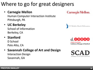 Where to go for great designers
  • Carnegie Mellon
     Human Computer Interaction Institute
     Pittsburgh, PA
  • UC Berkeley
     School of Information
     Berkeley, CA
  • Stanford
     D School
     Palo Alto, CA
  • Savannah College of Art and Design
     Interaction Design
     Savannah, GA


PRESTON SMALLEY                             39
 