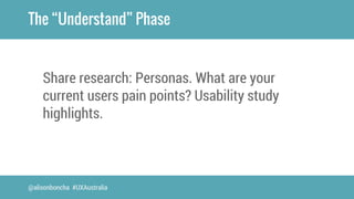 The “Understand” Phase 
Share research: Personas. What are your 
current users pain points? Usability study 
highlights. 
...