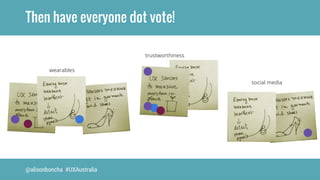 Then have everyone dot vote! 
wearables 
@alisonboncha #UXAustralia 
trustworthiness 
social media 
 