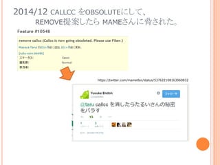 2014/12 CALLCC をOBSOLUTEにして、
REMOVE提案したら MAMEさんに脅された。
https://twitter.com/mametter/status/537622108163960832
 