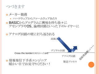 つづきます
 メーカー勤務
 ハードウェアからファームウェアあたり
 BASICからプログラムに興味を持ち徐々に
アセンブラやOS、論理回路といった下のレイヤーに
 アナログ回路の壁に打ち返される
 情報発信下手系エンジニア
暖かい目でお見守りください！
高級言語
デジタル回路
製造プロセス
アナログ回路
Cross the border出来なかったorz
 