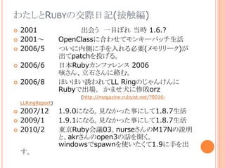 わたしとRUBYの交際日記(接触編)
 2001 出会う 一目ぼれ 当時 1.6.?
 2001～ OpenClassに合わせてモンキーパッチ生活
 2006/5 ついに内側に手を入れる必要(メモリリーク)が
出てpatchを投げる。
 2006/6 日本Rubyカンファレンス 2006
咳さん、立石さんに絡む。
 2006/8 ほいほい誘われてLL Ringのじゃんけんに
Rubyで出場。 かませ犬に惨敗orz
(http://magazine.rubyist.net/?0016-
LLRingReport)
 2007/12 1.9.0になる。見なかった事にして1.8.7生活
 2009/1 1.9.1になる。見なかった事にして1.8.7生活
 2010/2 東京Ruby会議03。nurseさんのM17Nの説明
と、akrさんのopen3の話を聞く。
windowsでspawnを使いたくて1.9に手を出
す。
 