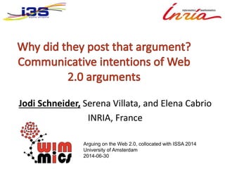Jodi Schneider, Serena Villata, and Elena Cabrio
INRIA, France
Arguing on the Web 2.0, collocated with ISSA 2014
University of Amsterdam
2014-06-30
 