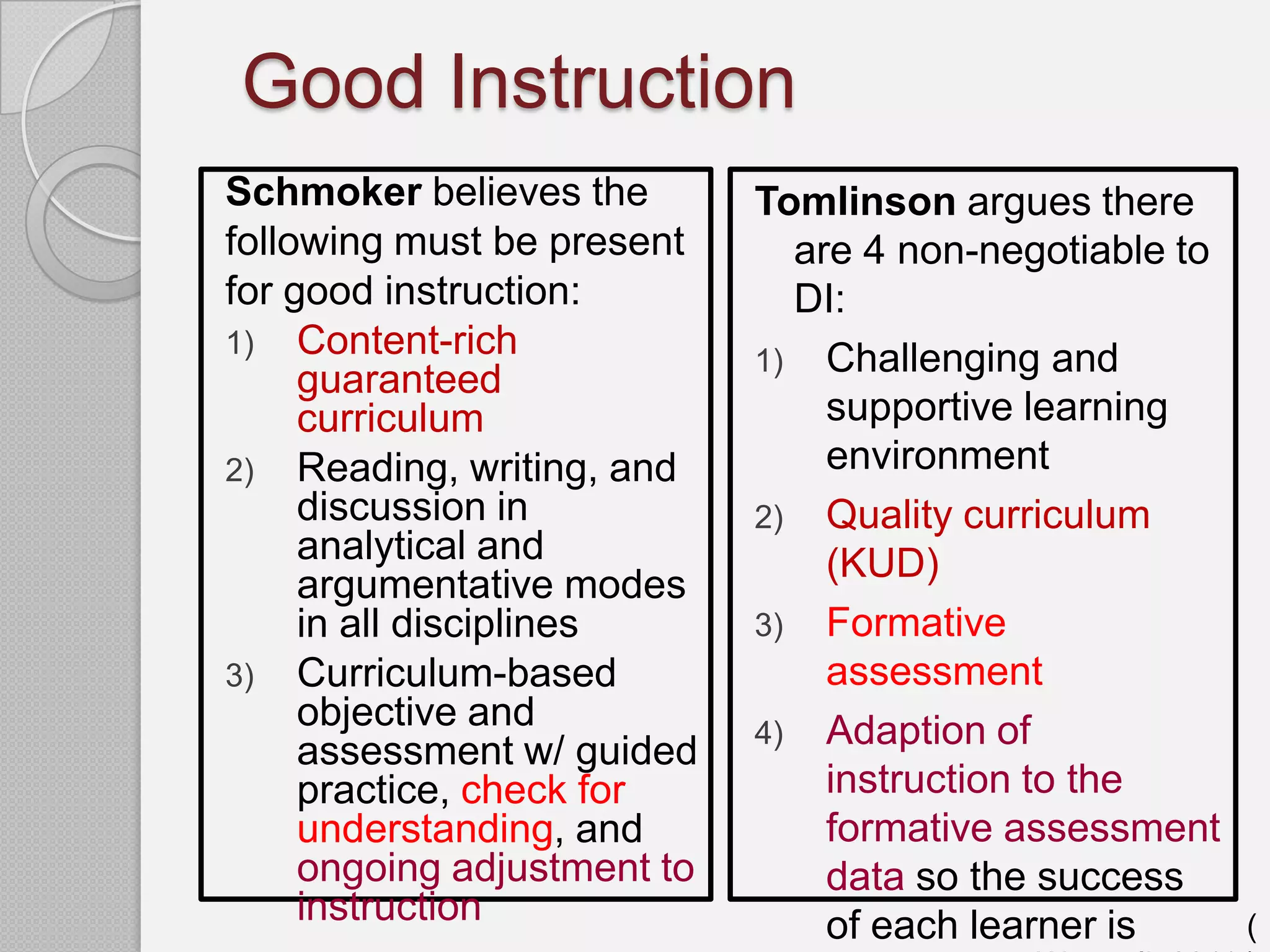 Good Instruction
Schmoker believes the        Tomlinson argues there
following must be present      are 4 non-negotiable to
for good instruction:          DI:
1) Content-rich
                             1) Challenging and
     guaranteed
     curriculum                  supportive learning
2) Reading, writing, and         environment
     discussion in           2) Quality curriculum
     analytical and              (KUD)
     argumentative modes
     in all disciplines      3) Formative
3) Curriculum-based              assessment
     objective and           4) Adaption of
     assessment w/ guided
     practice, check for         instruction to the
     understanding, and          formative assessment
     ongoing adjustment to       data so the success
     instruction                 of each learner is      (
 