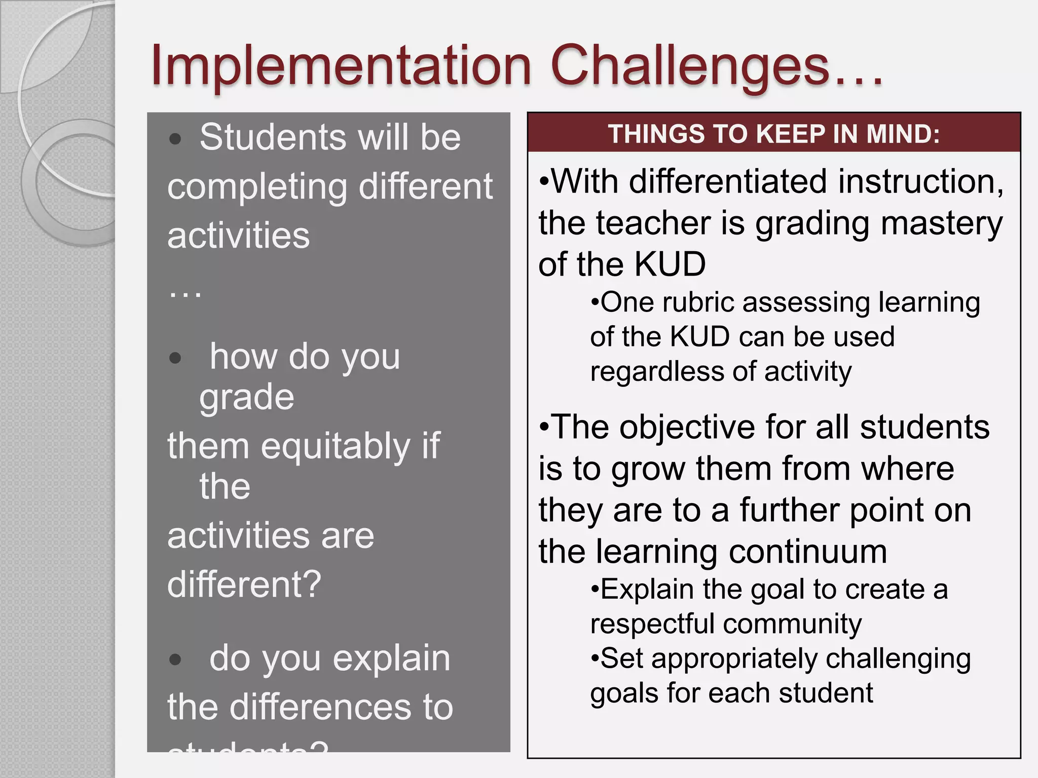 Implementation Challenges…
 Students will be         THINGS TO KEEP IN MIND:

completing different   •With differentiated instruction,
activities             the teacher is grading mastery
                       of the KUD
…                         •One rubric assessing learning
                          of the KUD can be used
  how do you             regardless of activity
  grade
                       •The objective for all students
them equitably if
                       is to grow them from where
  the
                       they are to a further point on
activities are         the learning continuum
different?                •Explain the goal to create a
                          respectful community
  do you explain         •Set appropriately challenging
                          goals for each student
the differences to
students?
 