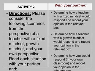 ACTIVITY 2              With your partner:

 Directions:   Please      Determine how a teacher
                             with a fixed mindset would
 consider the                respond and record your
 following scenarios         opinion in the relevant
 from the                    box.
 perspective of a           Determine how a teacher
 teacher with a fixed        with a growth mindset
                             would respond and record
 mindset, growth             your opinion in the
 mindset, and your           relevant box.
 own perspective.           Determine how you would
 Read each situation         respond (in your own
 with your partner           classroom) and record
                             your opinion in the
 and:
 