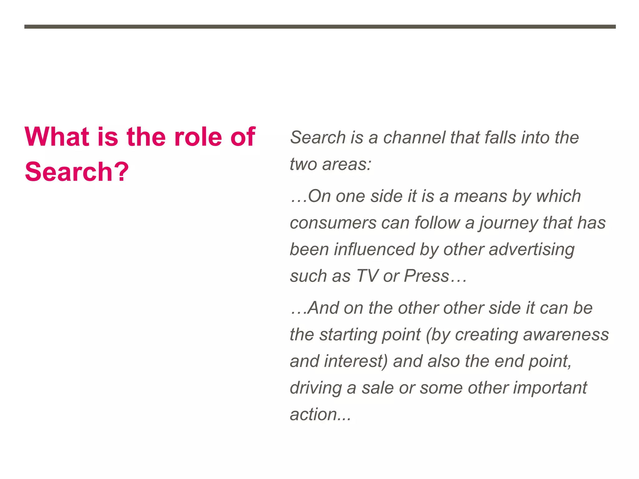 What is the role of
Search?
Search is a channel that falls into the
two areas:
…On one side it is a means by which
consumers can follow a journey that has
been influenced by other advertising
such as TV or Press…
…And on the other other side it can be
the starting point (by creating awareness
and interest) and also the end point,
driving a sale or some other important
action...
 