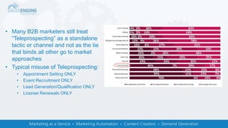 • Many B2B marketers still treat
“Teleprospecting” as a standalone
tactic or channel and not as the tie
that binds all other go to market
approaches
• Typical misuse of Teleprospecting:
• Appointment Setting ONLY
• Event Recruitment ONLY
• Lead Generation/Qualification ONLY
• License Renewals ONLY
 