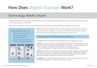 9 I Orion Digital Signage is a division of Signs & Lines. © Orion Digital 2015
Technology Made Simple
Networks of screens offer you a dynamic, exciting method to communicate with your guests and visitors. It becomes simple to inform them about
events, display messages or exhibit work.
All you need is a standard PC or Mac, an Internet connection and a few photos, videos and RSS feeds to play with and you're all set.
Digital Signage is easy to use!
Drag and drop user interface
Integrates with familiar
Microsoft programs
Integrates with existing event
or other management systems
1.Content: namely the message (text and imagery) you wish to display on the screen
2.Hardware: the screen itself and the Media Player that stores your content and sends it to the
screen. Do you want to display the same information on all screens, or vary it between screens?
- One media player: to display the same information on all of your screens
- Two plus media players – to display different information on different screens
3.Software: this allows you to upload and schedule your content. It speaks to the Media Players
transferring information to the screen(s). Your content is uploaded, scheduled and published,
prior to being redirected to the Media Player(s) selected. The entire operation takes seconds
allowing your message to appear on your screens in almost real-time.
4.Installation: Your screen will need to be mounted on or into a kiosk, table, wall or plinth, and
media players will need to be configured. You are now set to go.
Digital signage is ultimately flexible. Within minutes, messages can be displayed, updated or
corrected. You need a computer with an Internet connection. Information can be streamed in
real time from websites to display the latest newsfeeds or live video and TV.
How Does Work?Digital Signage
Main Elements That Will Need To Be Considered:
 