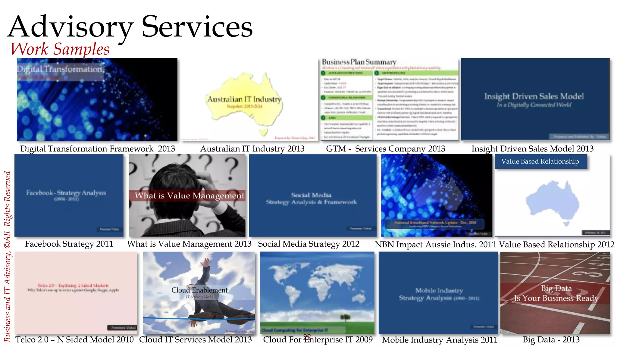 22
BusinessandITAdvisory,©AllRightsReserved
Telco 2.0 – N Sided Model 2010 Cloud IT Services Model 2013
NBN Impact Aussie Indus. 2011What is Value Management 2013
Mobile Industry Analysis 2011
Social Media Strategy 2012
Digital Transformation Framework 2013
Facebook Strategy 2011
Insight Driven Sales Model 2013
Cloud For Enterprise IT 2009
Australian IT Industry 2013 GTM - Services Company 2013
Value Based Relationship 2012
Big Data - 2013
Value Based Relationship
Advisory Services
Work Samples
 