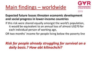 Main findings – worldwide
Expected future losses threaten economic development
and social progress in lower-income countries
If this risk were shared equally amongst the world’s population,
it would be equivalent to an annual loss of almost US$70 for
each individual person of working age,
OR two months’ income for people living below the poverty line
Risk for people already struggling for survival on a
daily basis.? How abt kilinochchi?
 