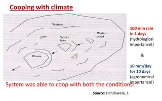 Cooping with climate
System was able to coop with both the conditions!
100 mm rain
in 1 days
(hydrological
importance!)
&
10 mm/day
for 10 days
(agronomical
importance!)
Source: Handawela, J.
 