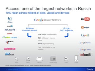 Access: one of the largest networks in Russia
70% reach across millions of sites, videos and devices




                                      AdSense                                                              Google
                                  Publisher Network                                                     O&O properties

                                                                  31m unique visitors/month

                                                                  70% of Russia’s internet
                                                                  users

                                                                  215m impressions/day

                                                                  Over 25,000 sites in the
                                                                  network




                   sites                  feeds                  games                   social media       video        mobile

sources: comScore Media Metrix Report, Oct 2011, Google Ad Planner, Internal Google Analysis,


11 Google confidential
 
