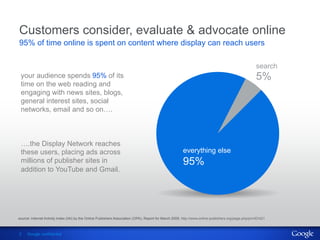 Customers consider, evaluate & advocate online
95% of time online is spent on content where display can reach users

                                                                                                                                                      search
 your audience spends 95% of its                                                                                                                      5%
 time on the web reading and
 engaging with news sites, blogs,
 general interest sites, social
 networks, email and so on….



 ….the Display Network reaches
 these users, placing ads across                                                                        everything else
 millions of publisher sites in                                                                         95%
 addition to YouTube and Gmail.




source: Internet Activity Index (IAI) by the Online Publishers Association (OPA); Report for March 2009. http://www.online-publishers.org/page.php/prmID/421



2    Google confidential
 