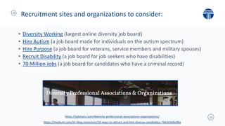 13
Recruitment sites and organizations to consider:
• Diversity Working (largest online diversity job board)
• Hire Autism (a job board made for individuals on the autism spectrum)
• Hire Purpose (a job board for veterans, service members and military spouses)
• Recruit Disability (a job board for job seekers who have disabilities)
• 70 Million Jobs (a job board for candidates who have a criminal record)
https://jobstars.com/diversity-professional-associations-organizations/
https://medium.com/hr-blog-resources/10-ways-to-attract-and-hire-diverse-candidates-76b3c0e8a98a
 