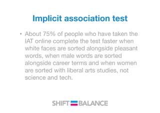 Implicit association test
•  About 75% of people who have taken the
IAT online complete the test faster when
white faces are sorted alongside pleasant
words, when male words are sorted
alongside career terms and when women
are sorted with liberal arts studies, not
science and tech. 
 