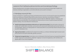 Lessons from behavioural economics and social psychology
Recent developments in the fields of behavioural economics and social psychology help to explain why
diversity is lacking in organizations, and what methods can be used to increase it.
1. Underlying reasons for bias
A body of research in cognitive psychology and behavioral economics over the past 40 years has established
that human behaviour is heavily influenced by subconscious, instinctive, and emotional “System 1”
responses, rather than being under the exclusive control of rational, deliberate “System 2” thinking.* As a
result, behaviour and attitudes in the workplace are influenced by an array of cognitive biases that affect
decision making. The most relevant for diversity are:
ƒ Implicit stereotypes (sometimes referred to as “subconscious bias”): the association of groups of
people with certain traits or activities, such as men with science and mathematics and women with arts
and languages.†
Without our being aware of it, these associations can powerfully influence decisions such
as which candidate to hire.
ƒ Ingroup favouritism: a preference for people who are like us, so that an individual might choose to work
with someone of the same nationality, gender, and race.‡
ƒ Outgroup homogenity bias: the tendency for an individual to think that the group of people they belong
to (their “ingroup”) is more diverse, while their “outgroup” is more homogeneous, with members who
appear alike or even interchangeable.‡
22 Allen R. McConnell and Jill M. Leibold, “Relations among the implicit association test, discriminatory behavior,
and explicit measures of racial attitudes”, Journal of Experimental Social Psychology, 2001, volume 37,
pp. 435–442.
23 Boris Groysberg and Katherine Connolly, “Great leaders who make the mix work”, Harvard Business Review,
September 2013, pp. 68–76.
Source:	
  Diversity	
  ma<ers,	
  Mac	
  Kinsey	
  2015	
  
 