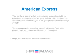 American Express
•  “You can have as many diverse employees as possible, but if we
don’t have a culture where employees feel that they can speak up
and their voices are heard, you’re not going to really take advantage
of that.”
•  The groups provide mentoring, “speed networking,” and other
opportunities to connect with like-minded colleagues.
•  Helps with recruitment and retention of talent
 