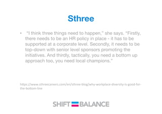 Sthree 
•  “I think three things need to happen,” she says. “Firstly,
there needs to be an HR policy in place - it has to be
supported at a corporate level. Secondly, it needs to be
top-down with senior level sponsors promoting the
initiatives. And thirdly, tactically, you need a bottom up
approach too, you need local champions.”
h<ps://www.sthreecareers.com/en/sthree-­‐blog/why-­‐workplace-­‐diversity-­‐is-­‐good-­‐for-­‐
the-­‐bo<om-­‐line	
  
 