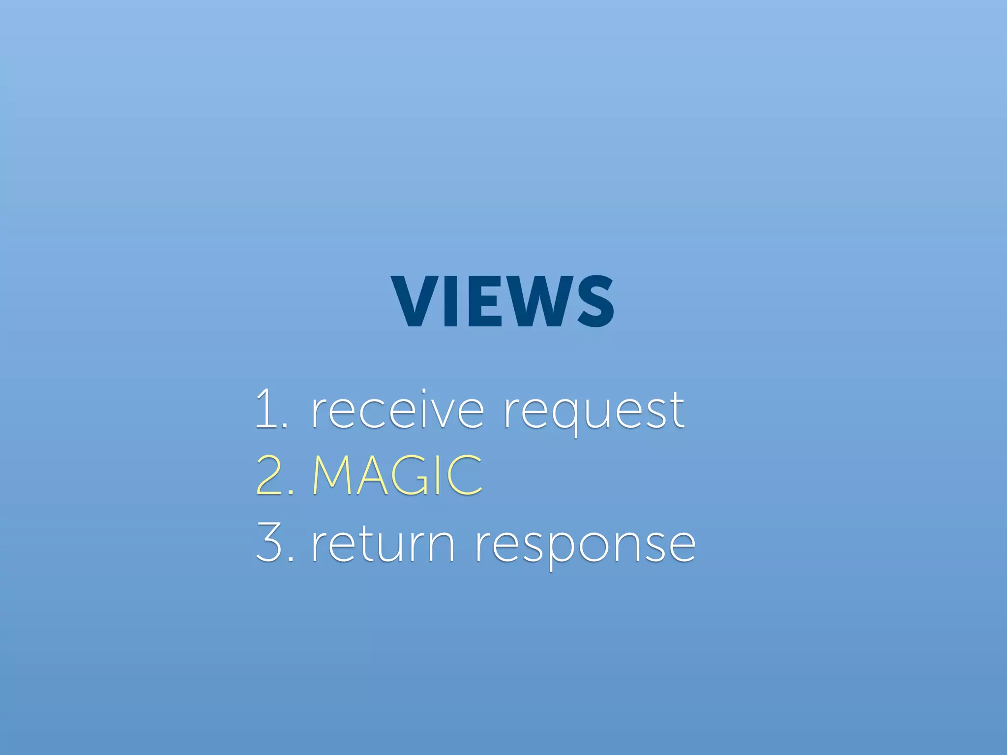 VIEWS
1. receive request
2. MAGIC
3. return response
 