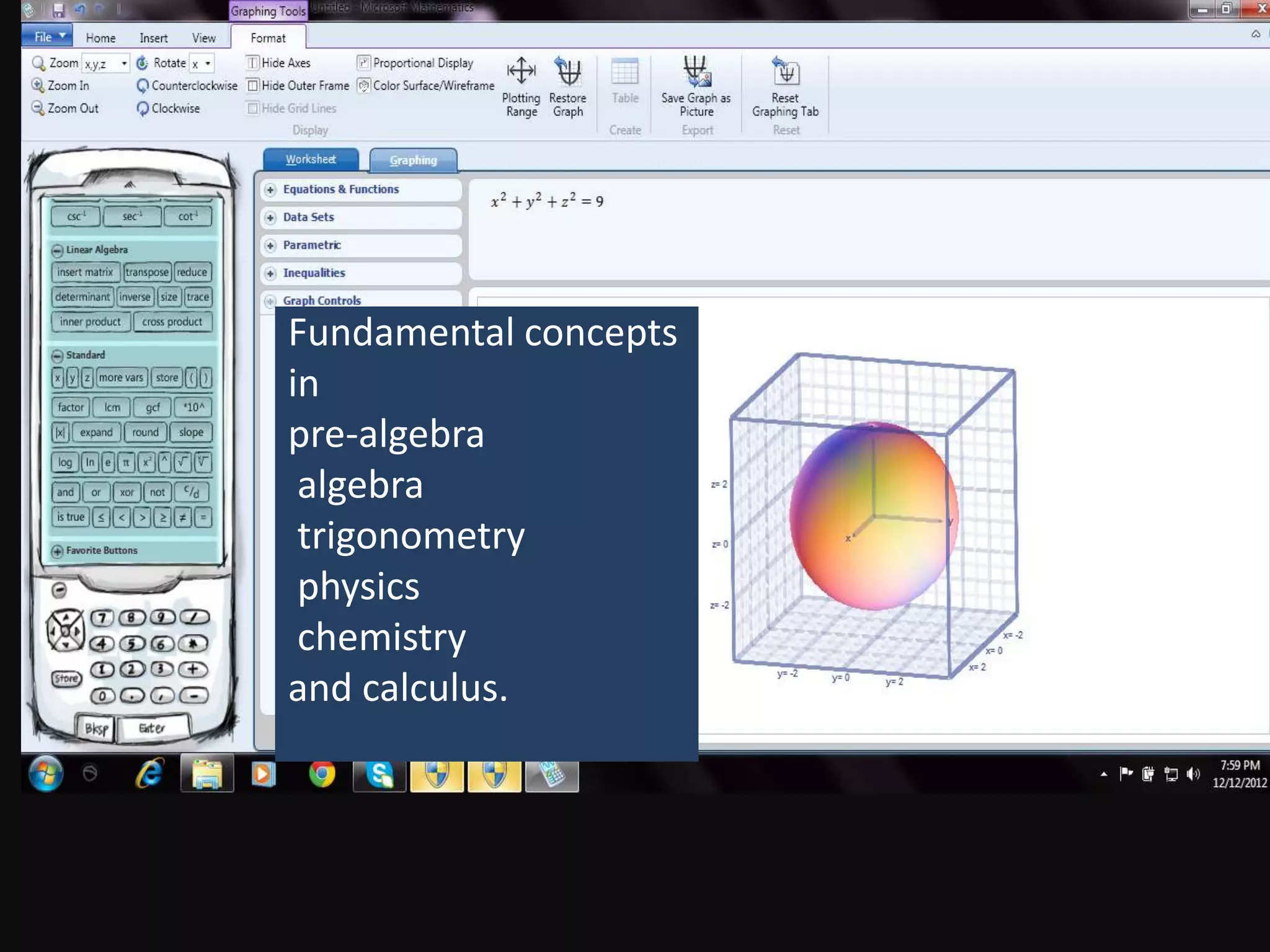 Fundamental concepts
in
pre-algebra
 algebra
 trigonometry
 physics
 chemistry
and calculus.
 